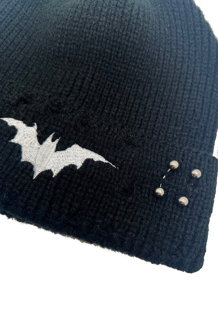 Distressed Pierced Beanie (White Bat)
